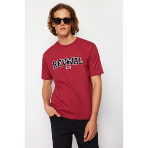 Trendyol Claret Red Relaxed/Comfortable Cut Text Embroidery Appliqued 100% Cotton Short Sleeve T-Shirt obraz