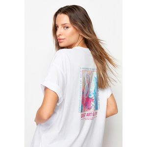 Trendyol White Printed on the Front and Back for Boyfriend/Wide Fit Knitted T-Shirt obraz