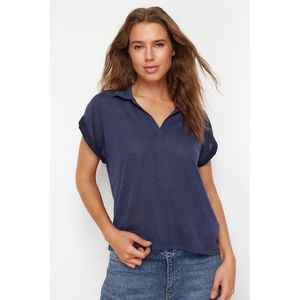 Trendyol Indigo Linen Look Regular/Normal Fit Polo Neck Short Sleeve T-shirt obraz