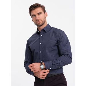 Ombre Men's cotton patterned SLIM FIT shirt - navy blue obraz