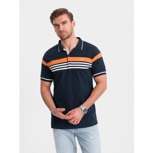 Ombre Men's polo shirt with tricolor stripes - navy blue obraz