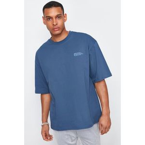Trendyol Indigo Oversize 100% Cotton Crew Neck Minimal Text Printed T-Shirt obraz