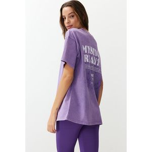 Trendyol Lilac Oversize/Large Wash Motto and Back Printed 100% Cotton Knitted T-Shirt obraz