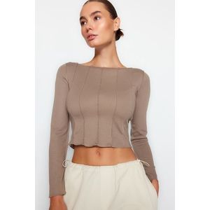 Trendyol Beige Stitching Detail Carmen Collar Fitted/Situated Ribbon Knitted Blouse obraz