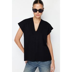Trendyol Black 100% Cotton V Neck Moon Sleeve Knitted T-Shirt obraz