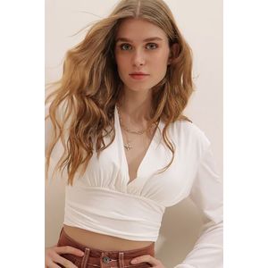 Trend Alaçatı Stili Women's White V-Neck Sandy Crop Top With Smocked Front And Waist obraz
