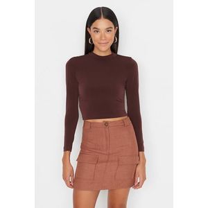 Trendyol Brown Stand-Up Collar Fitted/Sticky Knitted Blouse with Long Sleeves, obraz