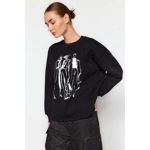 Trendyol Black Regular/Regular Printed Crew Neck Thick/Fleece Knitted Sweatshirt obraz
