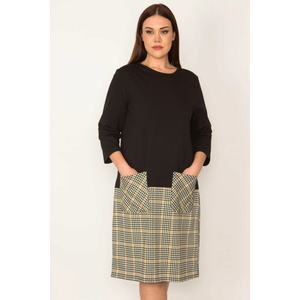 Şans Women's Plus Size Black Skirt Checked Patterned Pocket Dress obraz
