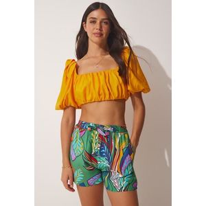 Happiness İstanbul Women's Orange Green High Waist Summer Viscose Shorts obraz