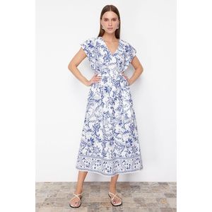 Trendyol Blue Floral Patterned Belted V-Neck Midi 100% Cotton Woven Dress obraz