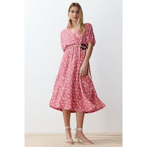 Trendyol Pink Printed Accessory Belt Detailed Gathered Elastic Knitted Maxi Dress obraz