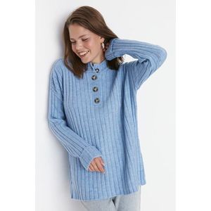 Trendyol modrý límec knoflíkovaný žebrovaný pletený svetr obraz