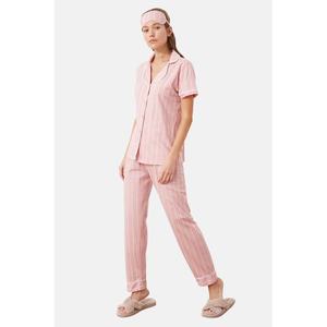 Trendyol Pink Cotton Striped Piping Detailed Sleep Tape Knitted Pajamas Set obraz