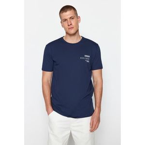 Trendyol Navy Blue Regular/Regular Cut Text Printed Crew Neck 100% Cotton T-Shirt obraz