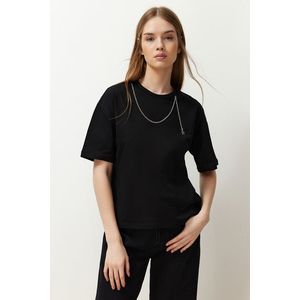 Trendyol Black 100% Cotton Relaxed/Comfortable Fit Chain Detailed Knitted T-Shirt obraz