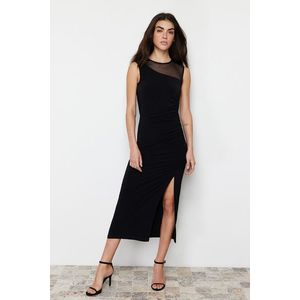 Trendyol Black Tulle Detailed Gathered Slit Fitted Flexible Knitted Maxi Pencil Dress obraz