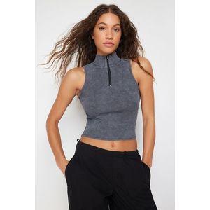 Trendyol Anthracite Weathered/Faded Effect Fitted Zippered Ribbed Cotton Stretch Knitted Blouse obraz
