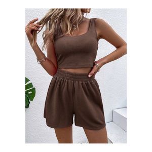 Know Women's Brown Ribbed Shorts Set obraz