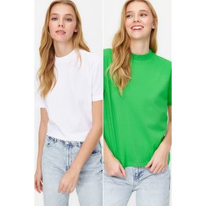 Trendyol Green-White 2-Pack Basic High Neck Knitted T-Shirt obraz