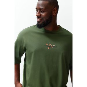 Trendyol Plus Size Green Oversize/Wide Cut Comfortable Printed 100% Cotton T-Shirt obraz