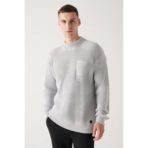 Avva Men's Gray Crew Neck Pocket Detailed Cotton Loose Comfort Fit Relaxed Cut Knitwear Sweater obraz