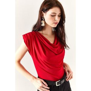 Olalook Women's Red Padded Plunging Collar Flowy Blouse obraz