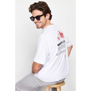 Trendyol White Oversize Printed Embroidery 100% Cotton T-Shirt obraz