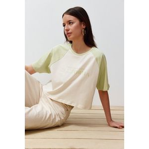 Trendyol Stone 100% Cotton Color Block Slogan Printed Relaxed Crop Knitted T-Shirt obraz