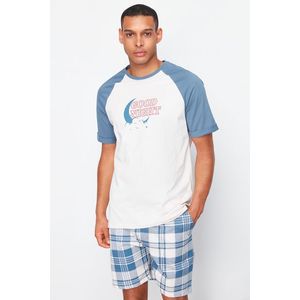 Trendyol Navy Blue - Ecru Regular Fit Plaid Patterned Knitted Pajama Set with Shorts obraz