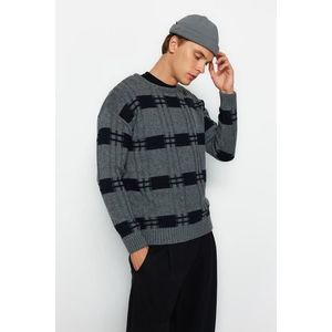 Trendyol Gray Regular Fit Crew Neck Square Patterned Knitwear Sweater obraz
