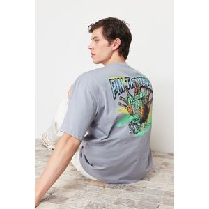 Trendyol Gray Oversize/Wide-Fit Bowling Back Printed 100% Cotton T-shirt obraz