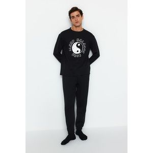 Trendyol Black Regular Fit Printed Knitted Pajamas Set obraz