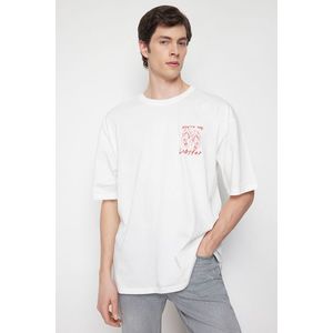 Trendyol Ecru Oversize/Wide Cut Lobster Embroidered 100% Cotton T-shirt obraz