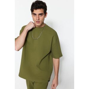 Trendyol Limitovaná edice Khaki Oversize 100% bavlna označená texturou Basic Thick T-Shirt obraz