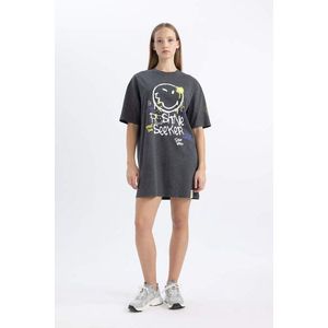DEFACTO Crew Neck Smiley Licence Mini Short Sleeve Knitted Dress obraz