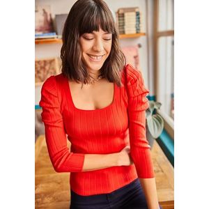 Olalook Women's Red Square Collar Princess Sleeve Knitwear Blouse obraz