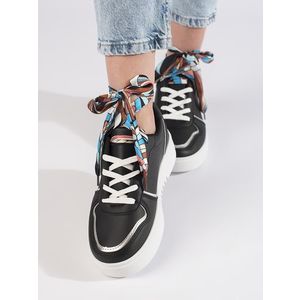 Shelvt Women's black sneakers tied with a ribbon obraz