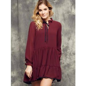 Cocomore Boutiqe dress with stand-up collar and ruffles burgundy obraz
