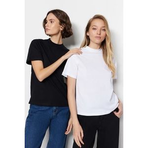 Trendyol White-Black 2-Pack 100% Cotton Basic Stand Up Collar Knitted T-Shirt obraz