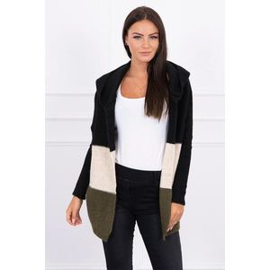 Tříbarevný svetr s kapucí černá+béžová+khaki obraz
