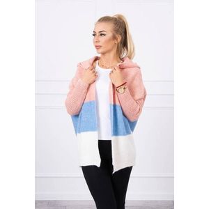 Tříbarevný svetr s kapucí pudrově růžová+azurová+ecru obraz