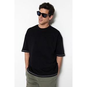 Trendyol Black Oversize/Wide-Fit Crew Neck Short Sleeve Embroidered 100% Cotton T-Shirt obraz