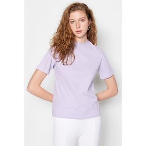 Trendyol Lilac 100% Cotton Basic Stand-Up Collar Knitted T-shirt obraz
