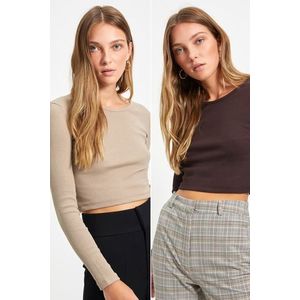 Trendyol Brown-Beige 2-Pack Fitted Wide Collar Corduroy Stretchy Crop Knitted Blouse obraz
