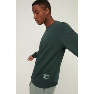 Trendyol Men's Emerald Green Regular/Real Fit Slogan Label Basic Cotton Sweatshirt obraz