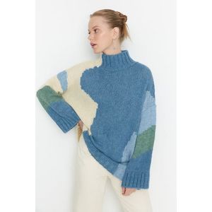 Trendyol modrý měkký texturovaný pletený svetr s barevným blokem obraz
