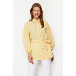Trendyol Yellow Striped Belted Balloon Back of the Sleeves Long Woven Shirt obraz