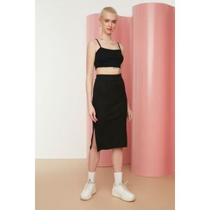 Trendyol Black With Double Slits, Fitted High Waist Ribbed Flexible Midi Knitted Skirt obraz
