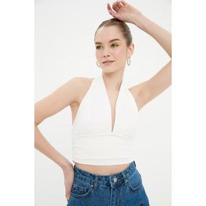 Trendyol Ecru Halterneck Knitted Blouse with Crop Fitted obraz